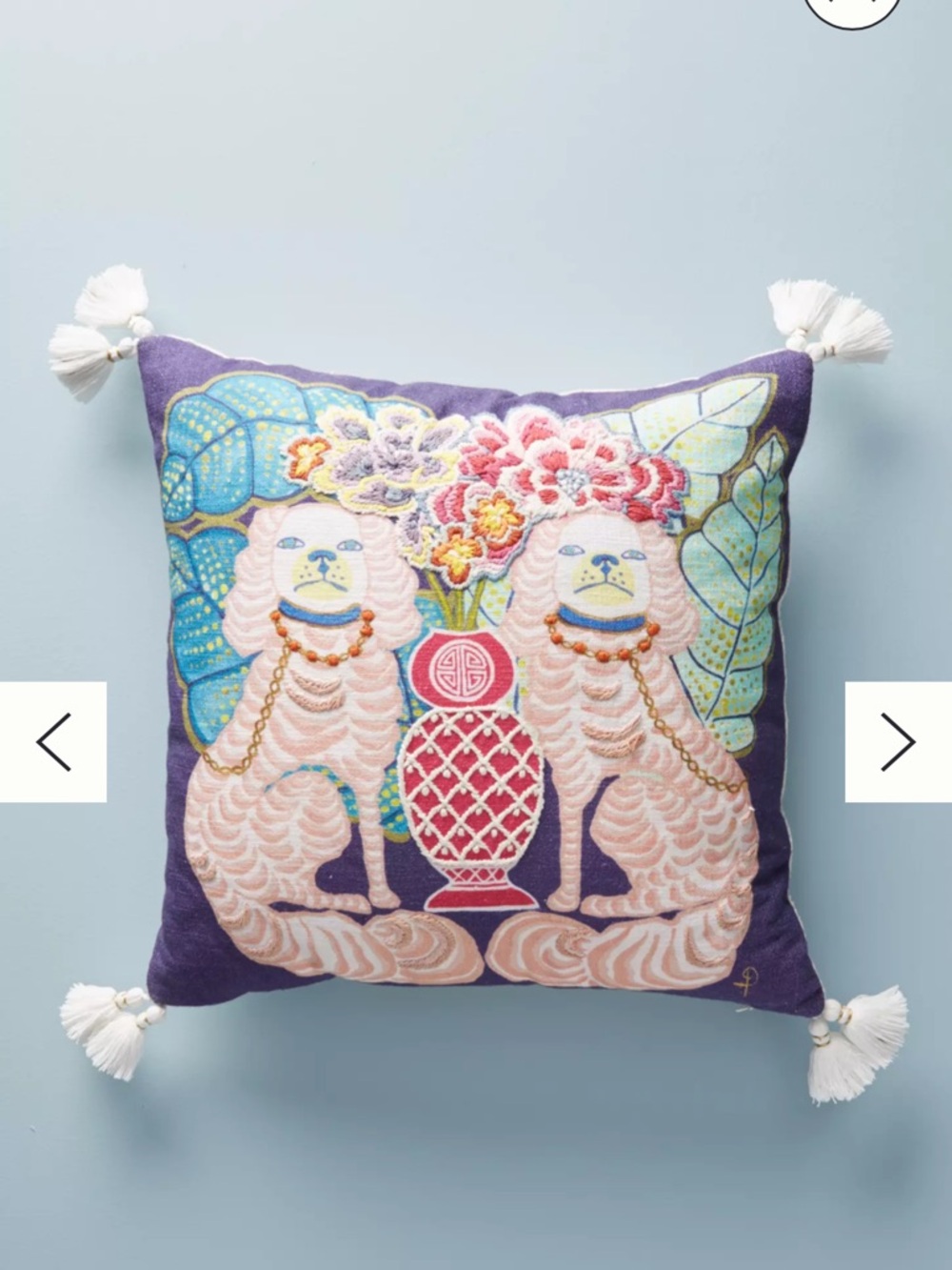 Anthropologie Palace Potrait Pillow Purple Floral Lion Embroidered Tassel Pillow